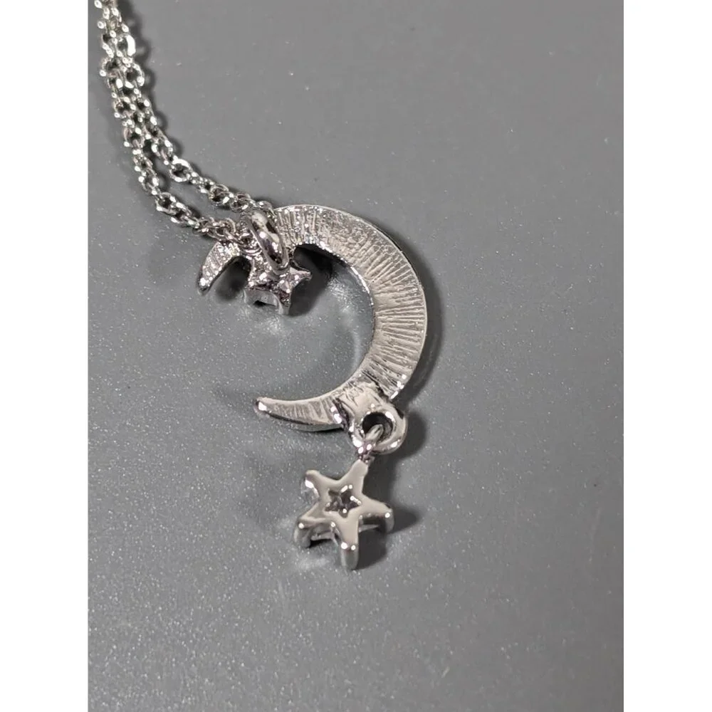 Silver Tone Rhinestone‎ Crescent Moon Star Charm Necklace Dainty 18